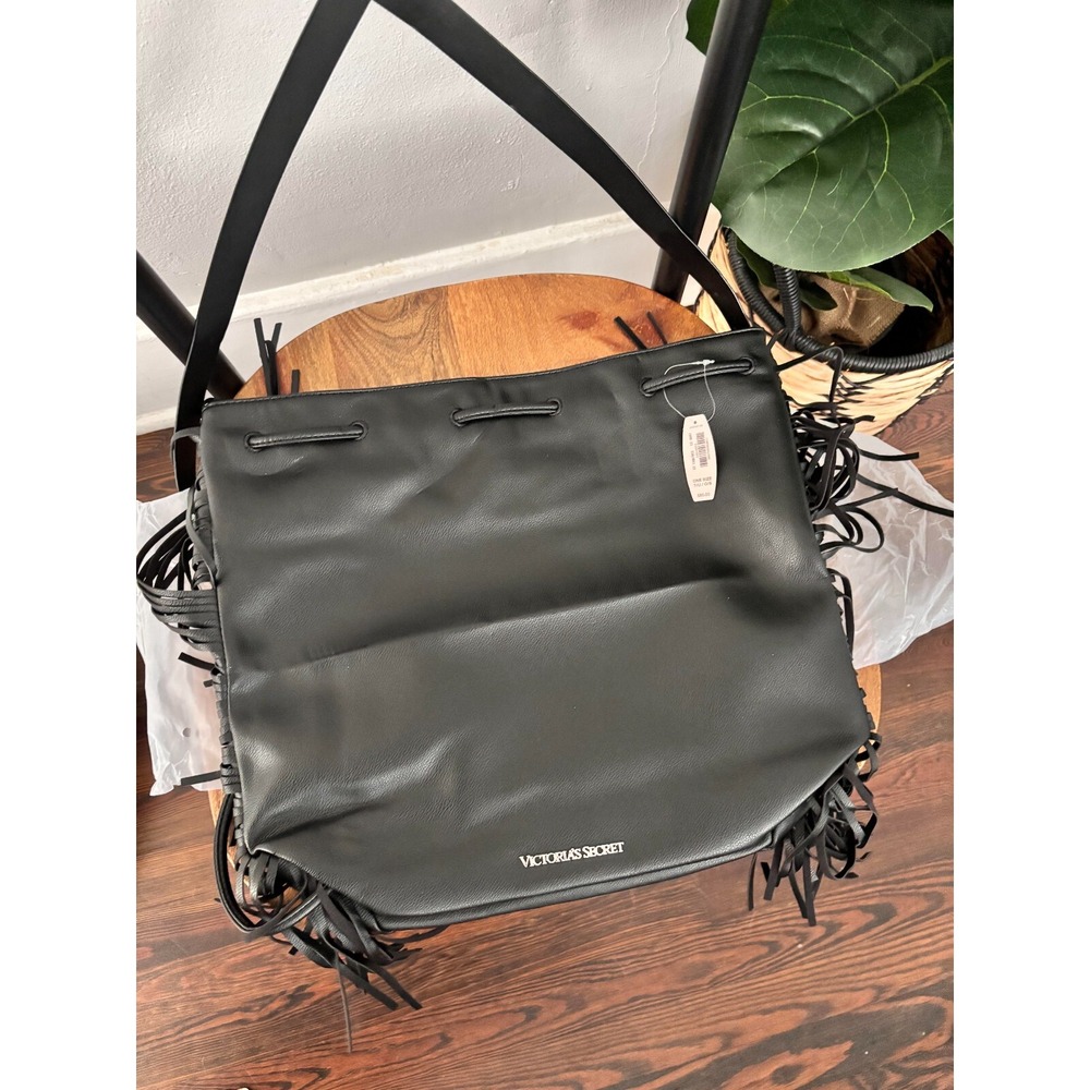 Victoria's Secret Black Faux Leather Large Fringe Tote Bag 16x16-NWT
